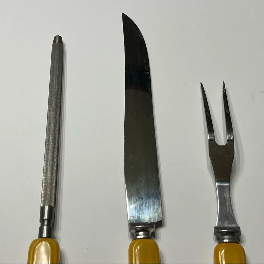 Vintage MCM Stainless Steel 3 Piece Carving Set With Bakelite Handles